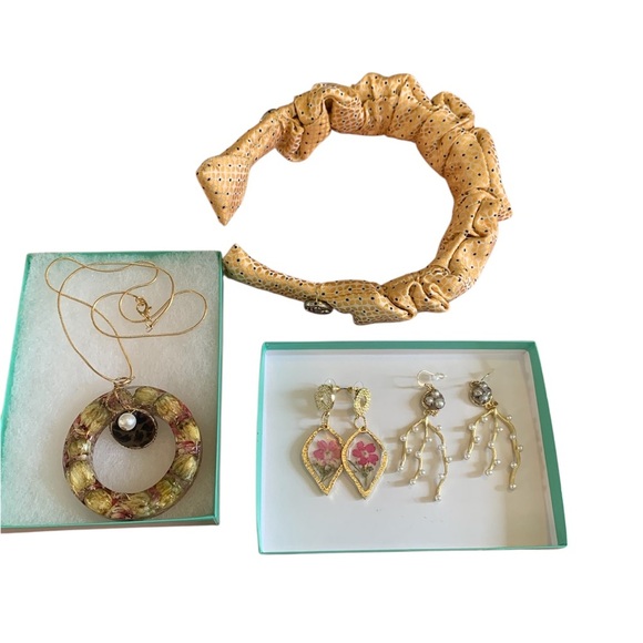 Four Piece Resin Jewelry Bundle with Earrings Necklace and Handmade Headband - Picture 1 of 7